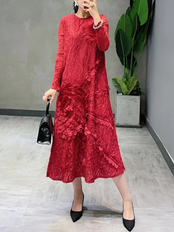 Elegant LANMREM Flower Dress for Women - Midi Pleated Round Neck, Long Sleeve, 2024 Summer Spring Festival Collection