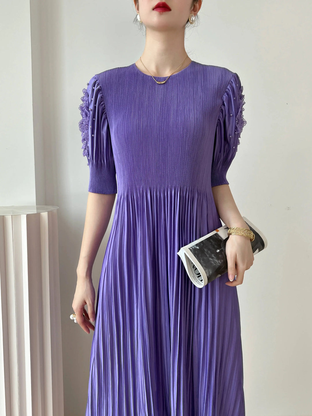 2023 Spring/Summer YUDX Pleated Dress - Bubble Sleeve, Loose Fit, Round Neck, Solid Color - Party/Date Night Must-Have