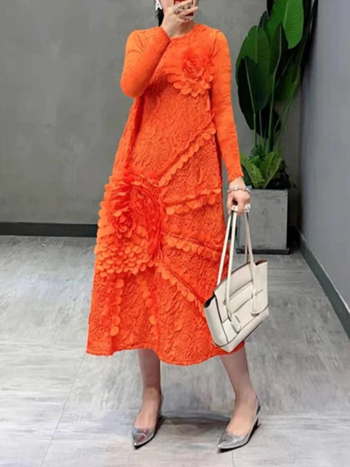 Elegant LANMREM Flower Dress for Women - Midi Pleated Round Neck, Long Sleeve, 2024 Summer Spring Festival Collection