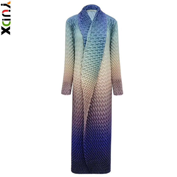 2024 Spring New Miyake Gradient Long Cardigan Dress with Scarf Neck and Pleated Design for Women