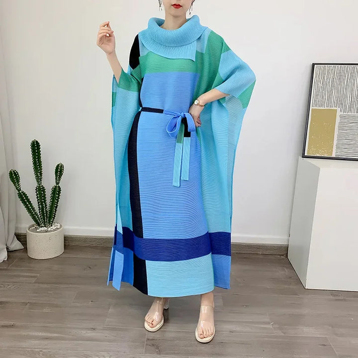 2024 New EGRM Spring Maxi Dress: Color Block, Pleated, Wrapped Sleeves, Belted