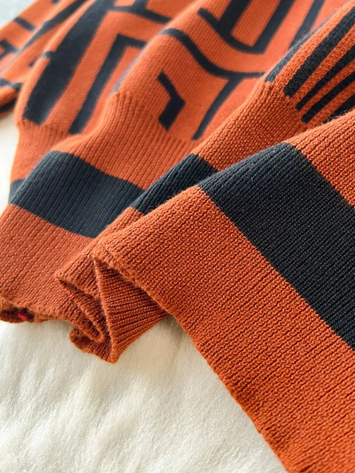 Korean Style Knit Sweater and Pants Set - Labyrinth Print - Loose Fit - Sizes XS-XL