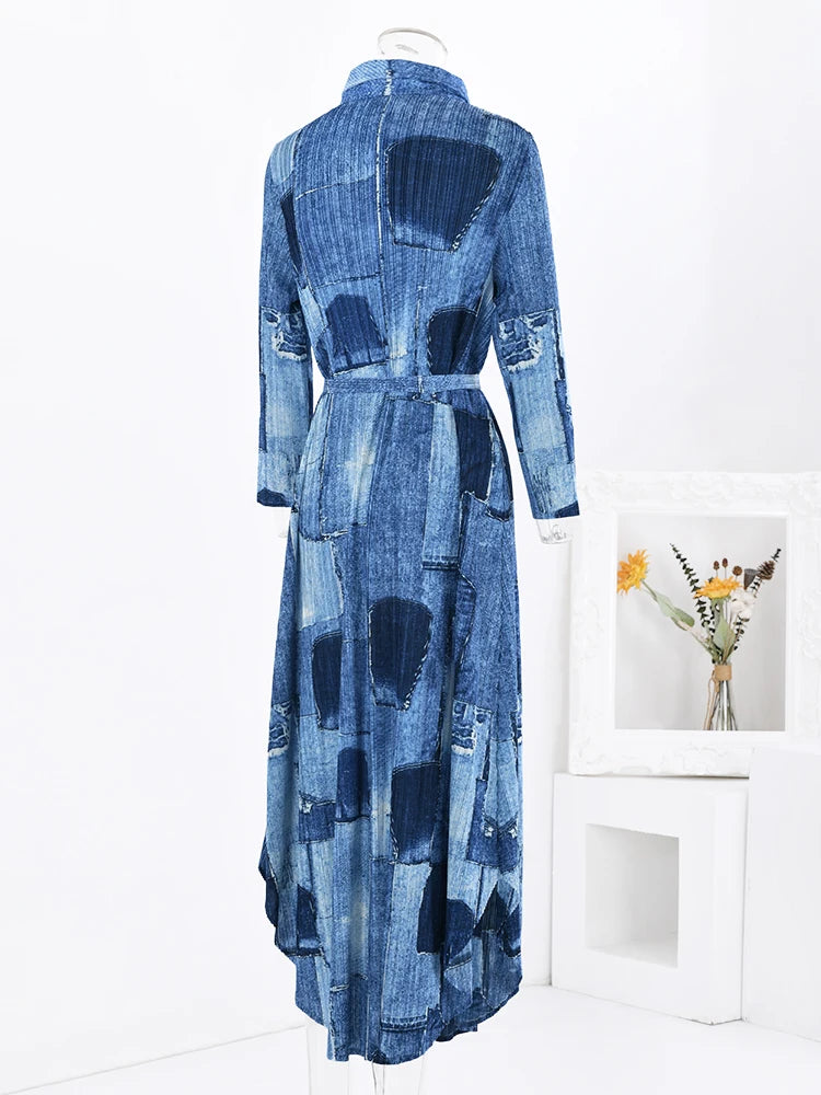 LANMREM Contrast Color Pleated Long Dress - Spring 2024 Fashion. Lapel, Print, Belt. Sizes: One Size. Bust: 92-148cm.
