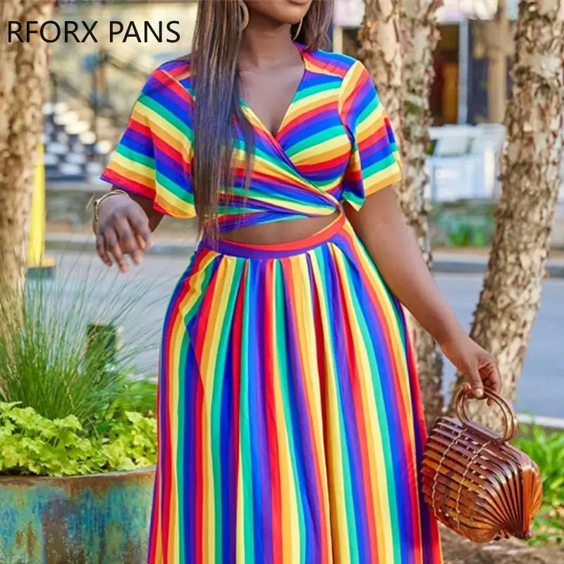 Plus Size Women Chic Striped Lace Up Short Sleeves Wrap Sexy Maxi Skirt Sets