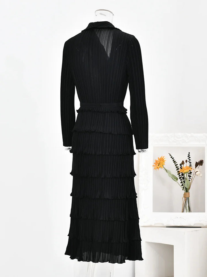 LANMREM Designer Pleated Dress for Women - Laple, Double Breasted, Long Sleeves, 2024 New Collection