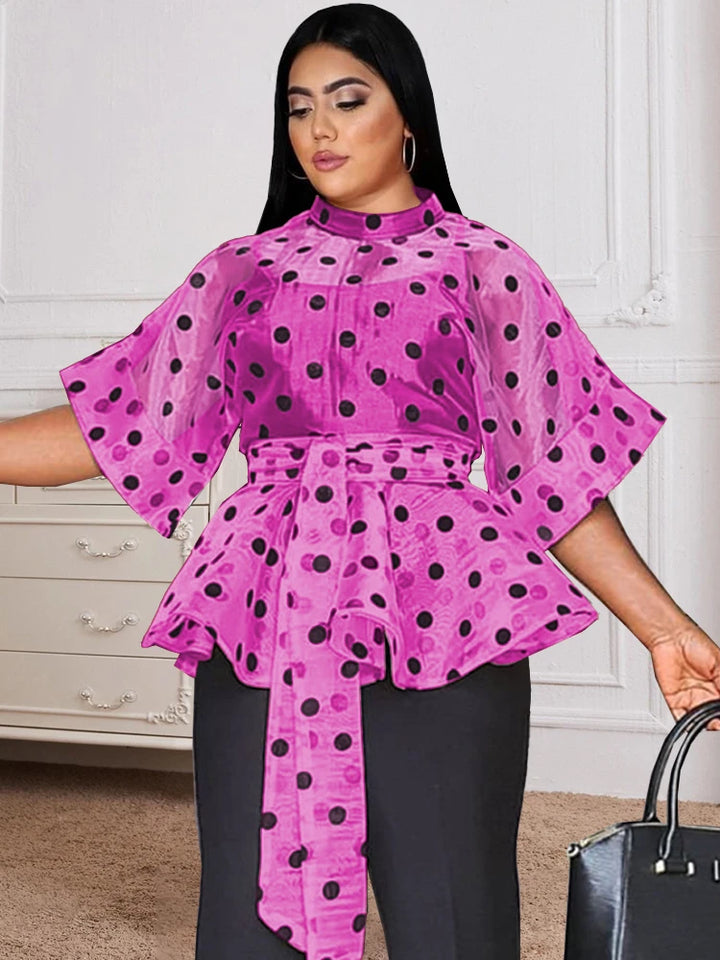 Stylish Polka Dot Organza Blouse with Belt - Perfect for Evening Parties and Plus Size Women
