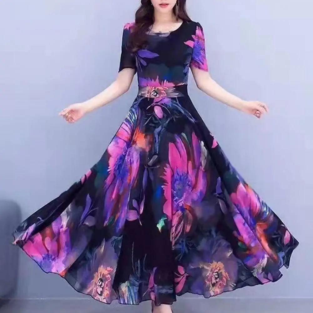 Women Loose Long Dress Summer Casual Half Sleeve Floral Print Dress A-line Big Swing Bohemian Beach Holiday Midi Dress Vestidos