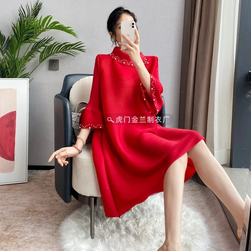 Chic Miyake Beaded Dress for Women - Elegant & Age-Defying Niche Skirt for 2024 Spring/Autumn