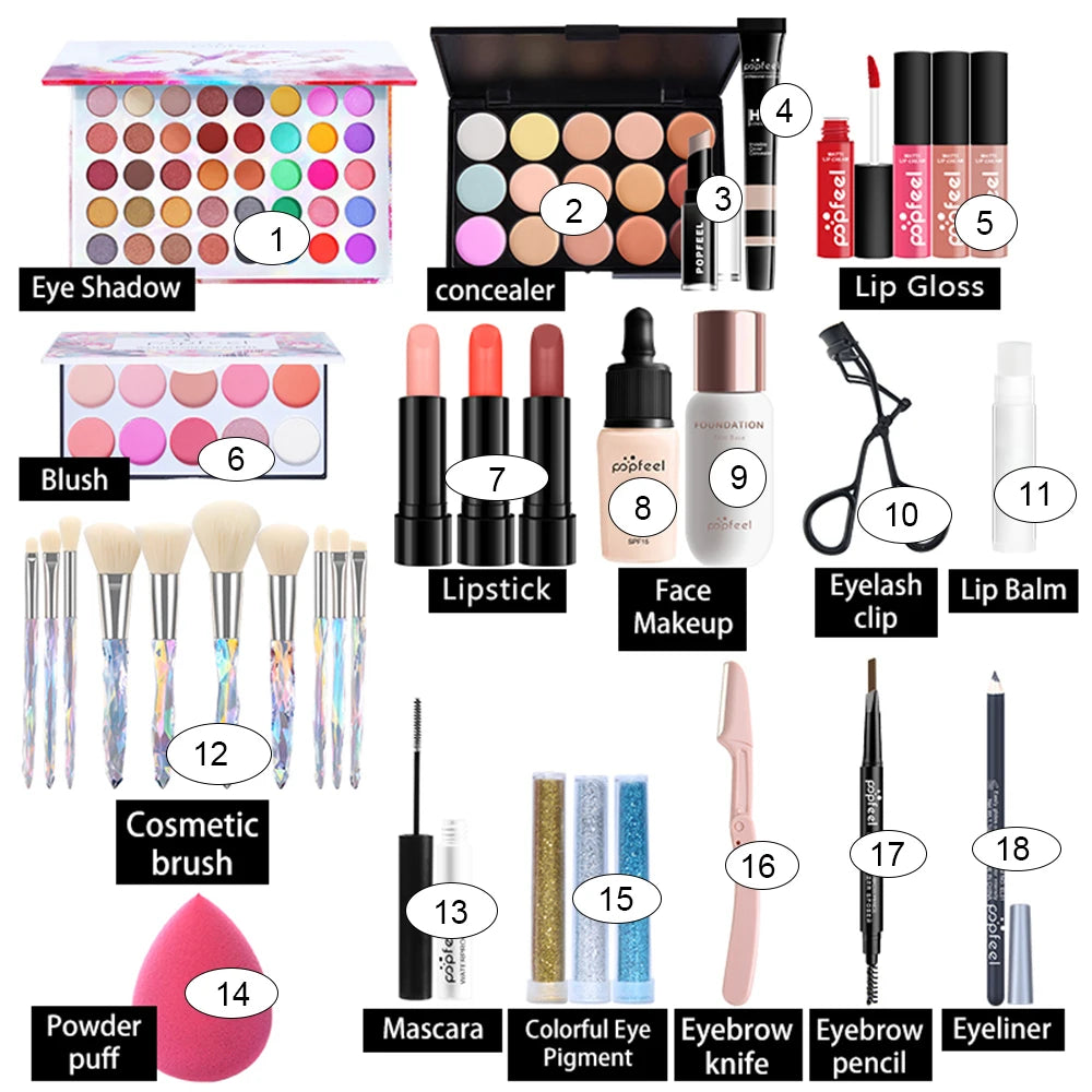 Ultimate All-In-One Makeup Kit for Women - 34pcs Full Set with Eyeshadow, Lipstick, Concealer, Brushes & More!