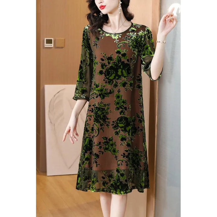 Vintage Silk Velvet Dress for Women | Autumn 2023 Collection | Round Neck, 3/4 Sleeves, Loose Fit | Casual Holiday Vestidos