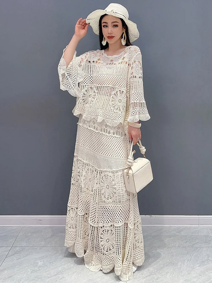 2024 Spring Summer Lace Set with Hollow Top and Swing Skirt - Elegant Fashion for Women