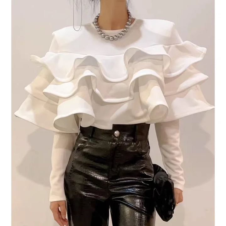 Vintage Layered Ruffle T-Shirt for Office Ladies - Autumn White, Spring Black