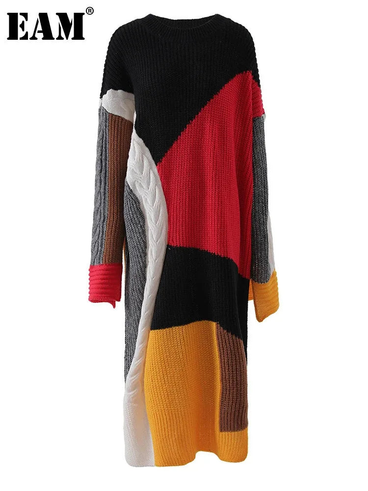 [EAM] Black Color-block Big Size Sweater Dress