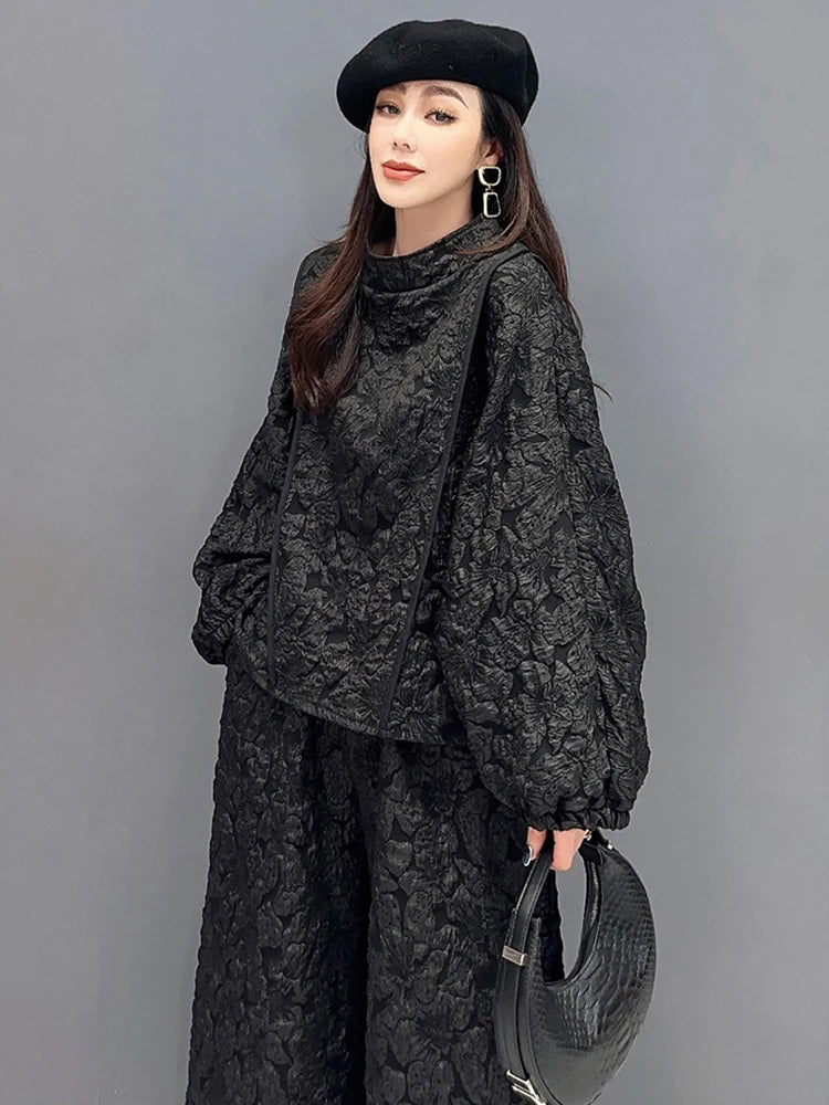 SHENGPALAE Fashion Women's Jacquard 2 Piece Set Casual Full Sleeve Patchwork Pullover Tops Spring 2024 New Wide Leg Pants 5R8783