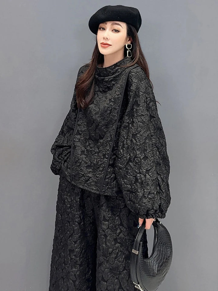 SHENGPALAE Fashion Women's Jacquard 2 Piece Set Casual Full Sleeve Patchwork Pullover Tops Spring 2024 New Wide Leg Pants 5R8783