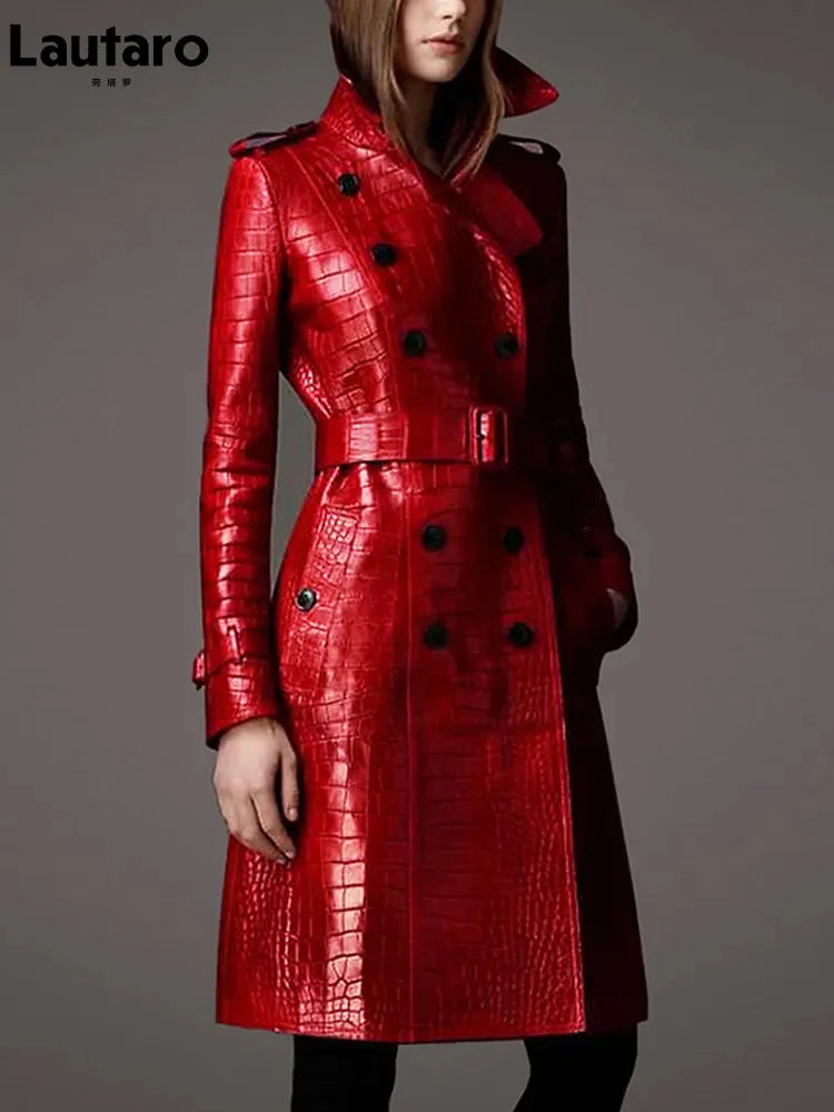 British Style Red Crocodile Print Trench Coat for Women - Elegant & Fashionable" "Autumn Long Trench Coat - Red Crocodile Print - British Style - Elegant & Fashionable