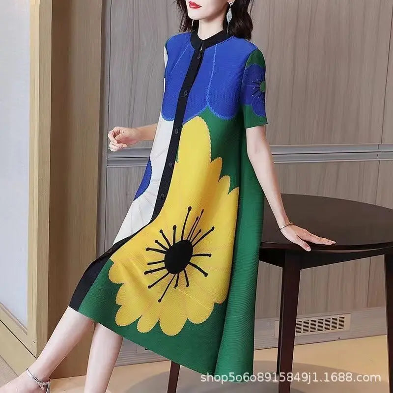 Luxury Oversized Pleated Shirt Dress with Standing Collar - 2023 Fashion Print