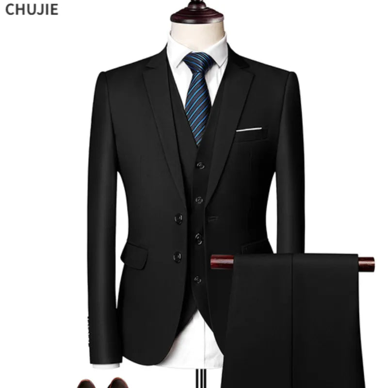 Elegant 3-Piece Men's Wedding Suit Set - Luxury Business Formal Blazers, Vest, and Pants - Free Shipping