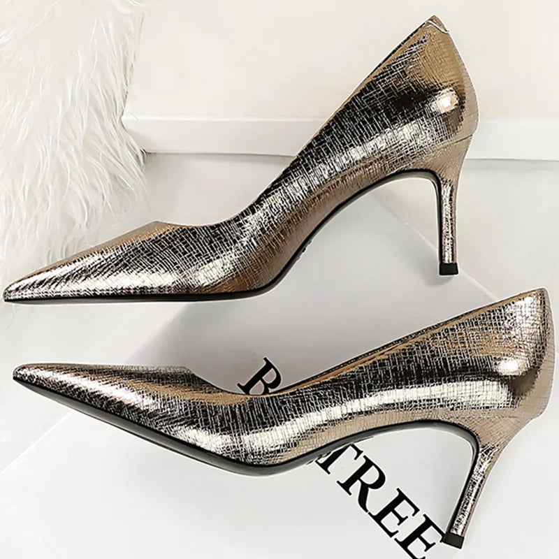 Retro Western Style Women's Party Pumps - 7cm Thin Heels, Pointed Toe, Gold/Silver - Spring/Autumn, EUR Sizes