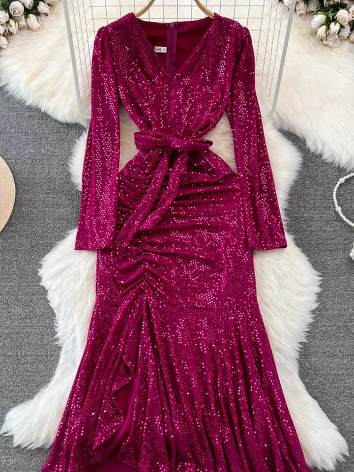 XFPV Elegant V-neck Sequins Dress