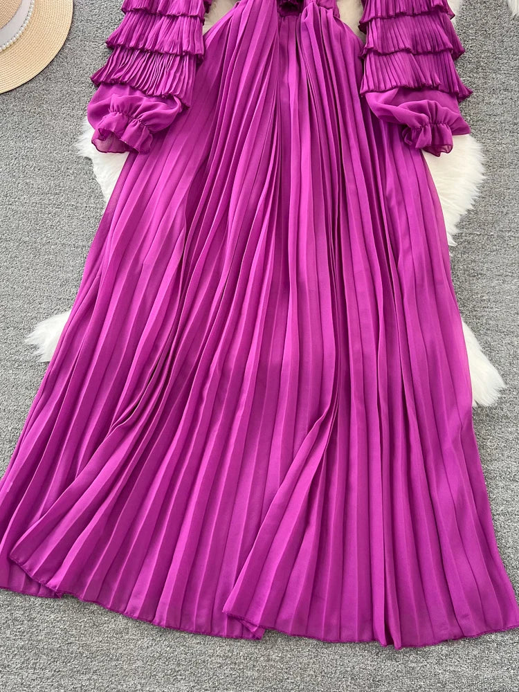 Vintage Elegant Maxi Dress with V-Neck and Puff Sleeves - Women's Fashion