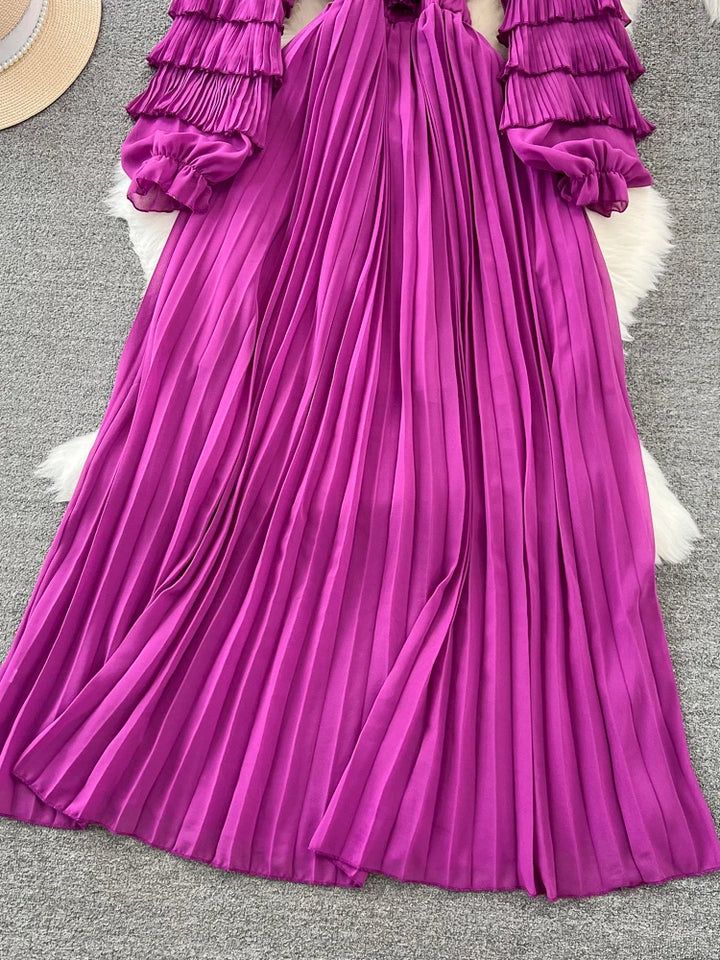 Vintage Elegant Maxi Dress with V-Neck and Puff Sleeves - Women's Fashion