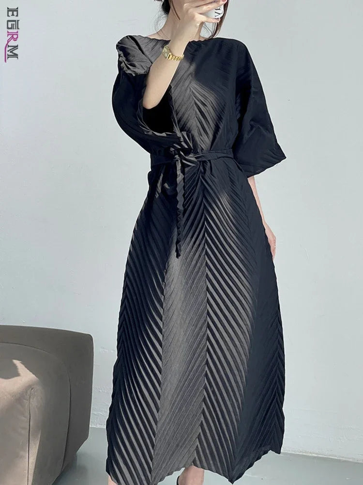 EGRM Fashion Miyake Pleated Dress - A-line, Casual, O-Neck, Half Sleeves, Belt - 2024 Spring Collection