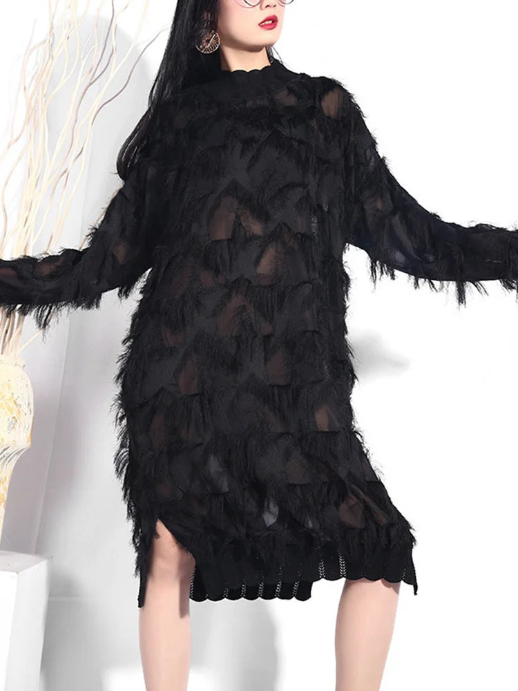 Black Split Joint Dress: Spring/Autumn Fashion, Plus Size, Stand Collar, Perspective, Long Sleeve