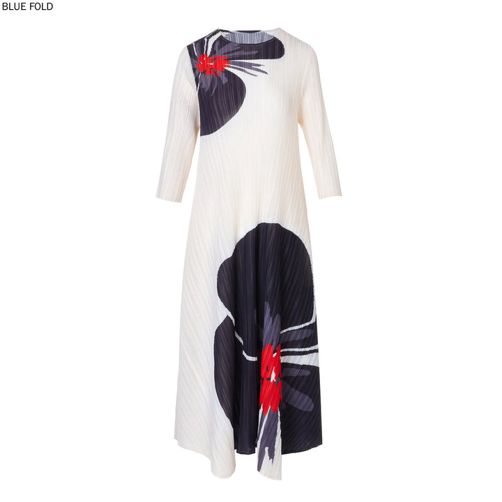 2024 Spring Printed Dress: Elegant, Loose Fit, Three-quarter Sleeves" "Size: One Size, Recommended for 45-75kg, Bust: 110-130cm, Length: 110-115cm" "Light Washing Method, Miyake Pleated Dress, Round Neck, Mid-length