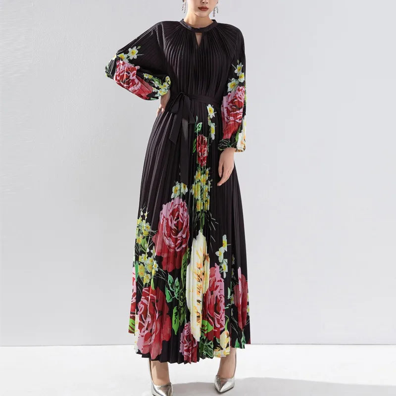 2024 Miyake High End Printed Pleated Dress - Long Formal with Waist Tie Up