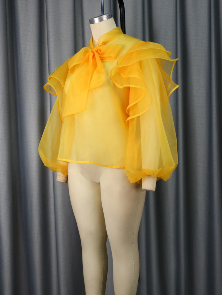 Yellow Tulle Ruffle Top with Bowtie - Elegant Office/Party Wear for Women