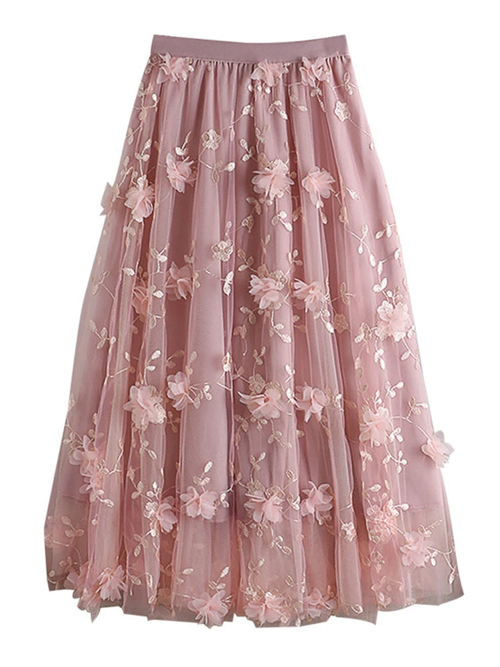 Floral Embroidered Mesh Skirt - Elastic High Waist A-line for Women - 2023 Autumn Fashion