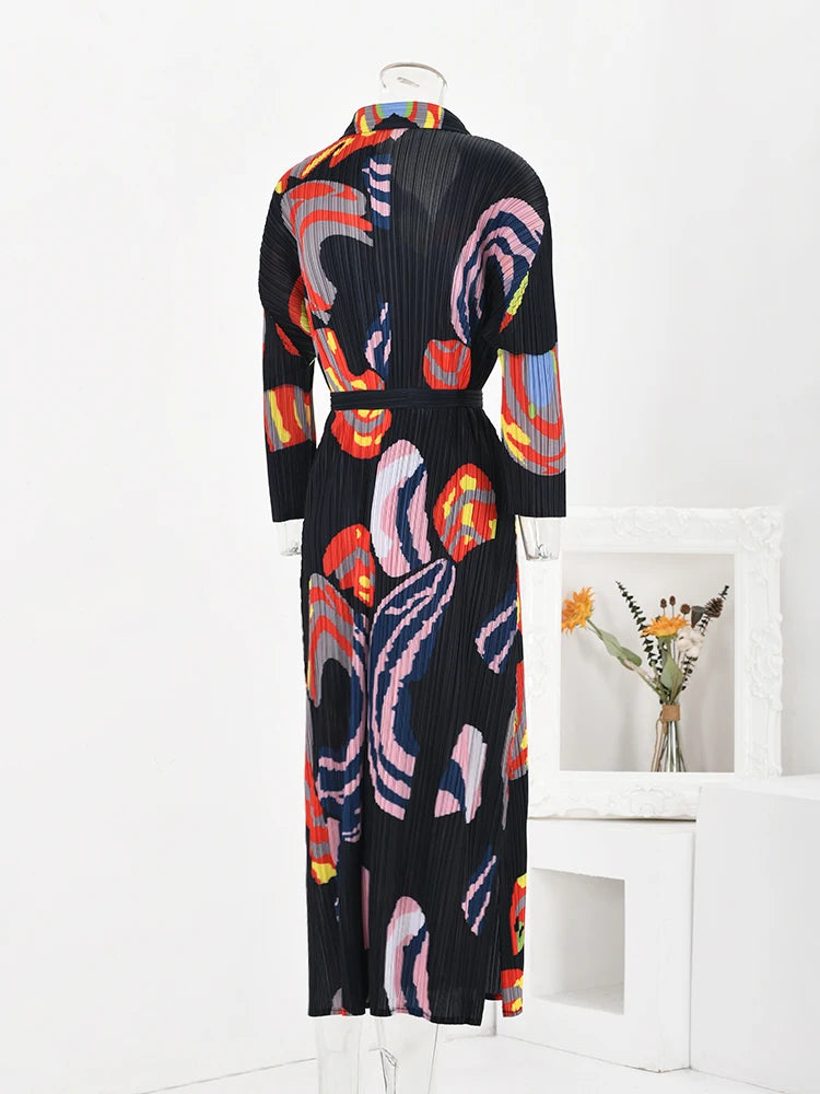 LANMREM Contrast Color Pleated Print Dress