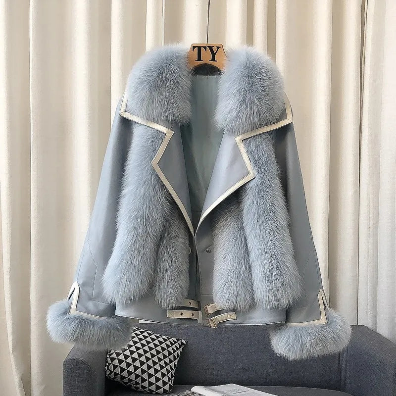 ZDFURS*High-End Imported Whole Leather Fox Fur Fur Coat Women's Short Haining New Motorcycle Sheepskin down Jacket Coat