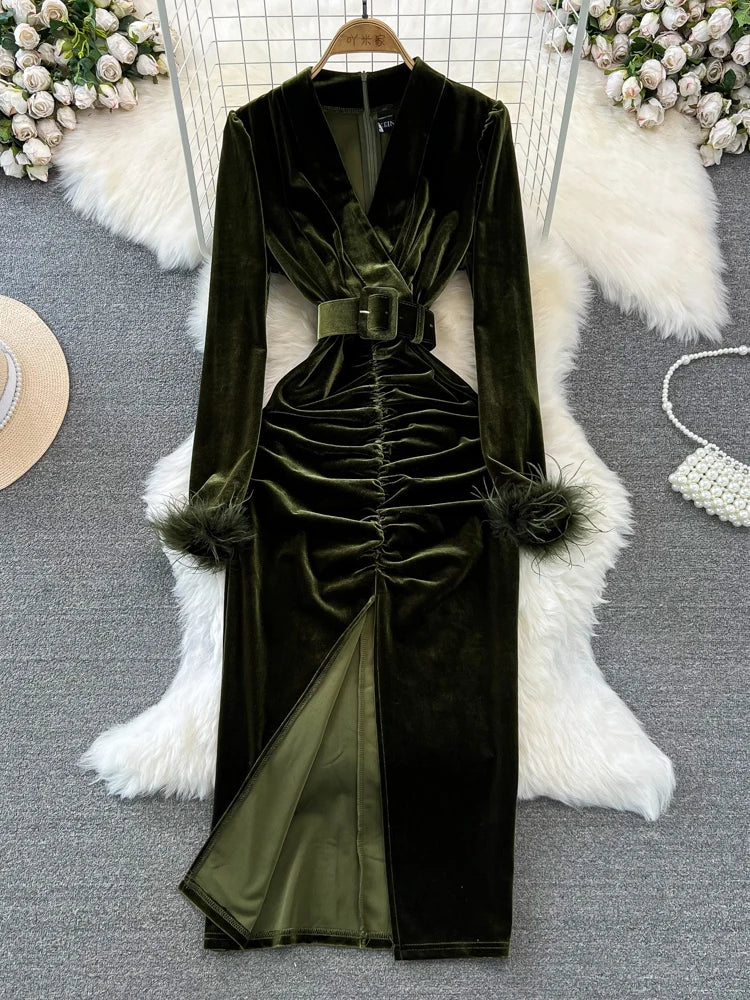 XFPV Women Velvet V-Neck Dress Autumn Winter 2024
