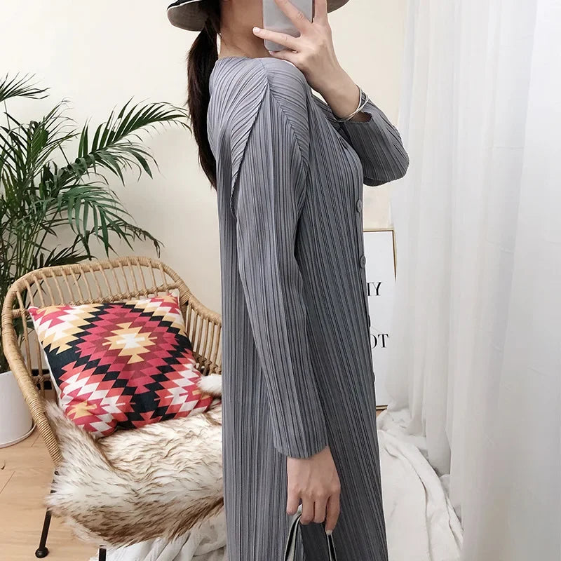 Elegant ALSEY Miyake Pleated Dress - Solid Color, Loose Fit, Long-sleeved - Sizes for Women 2024