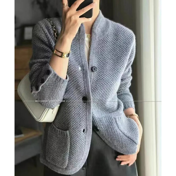 Women's Autumn Winter Long Sleeve Standing Neck Cardigan Fashion Casual Versatile Coats Commuting Solid Color Knitting Lady Tops