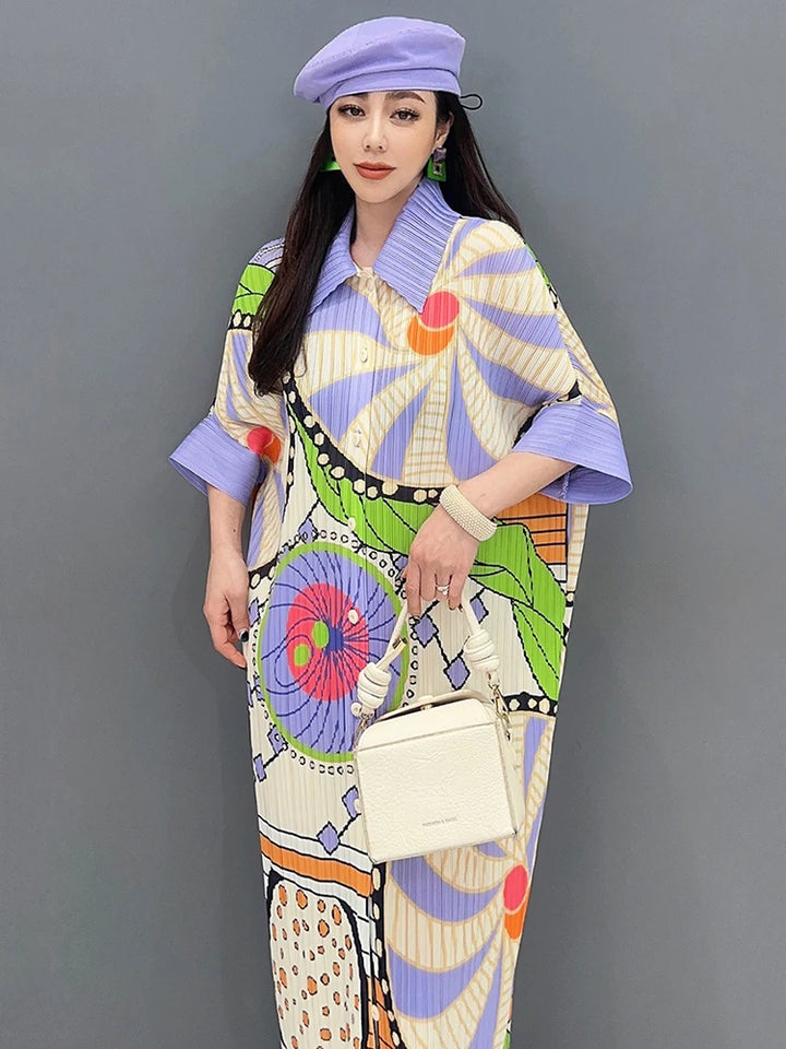 SHENGPALAE Draped Printed Dress For Women Contrast Color Niche Design Lapel Loose