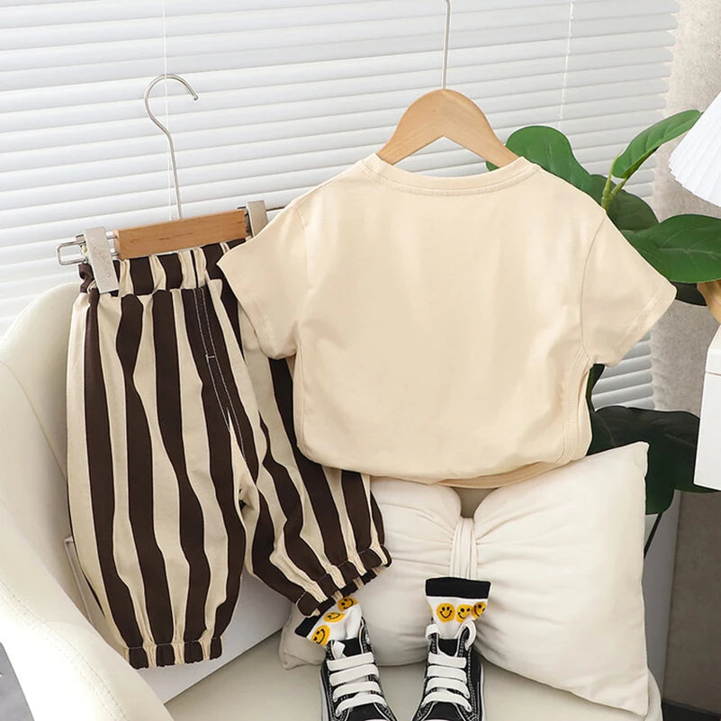 2024 Summer Kids' Outfit: Adorable Bear Print Shirt and Striped Trousers Combo!