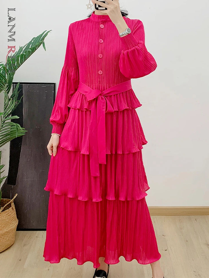 LANMREM Ruffle Pleated Long Dress - 2024 Spring Fashion for Women - Festival Clothing