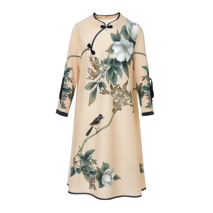 2024 Spring Chinese Style Dress: Pleated Print, High-end Fashion for Moms, Plus Size