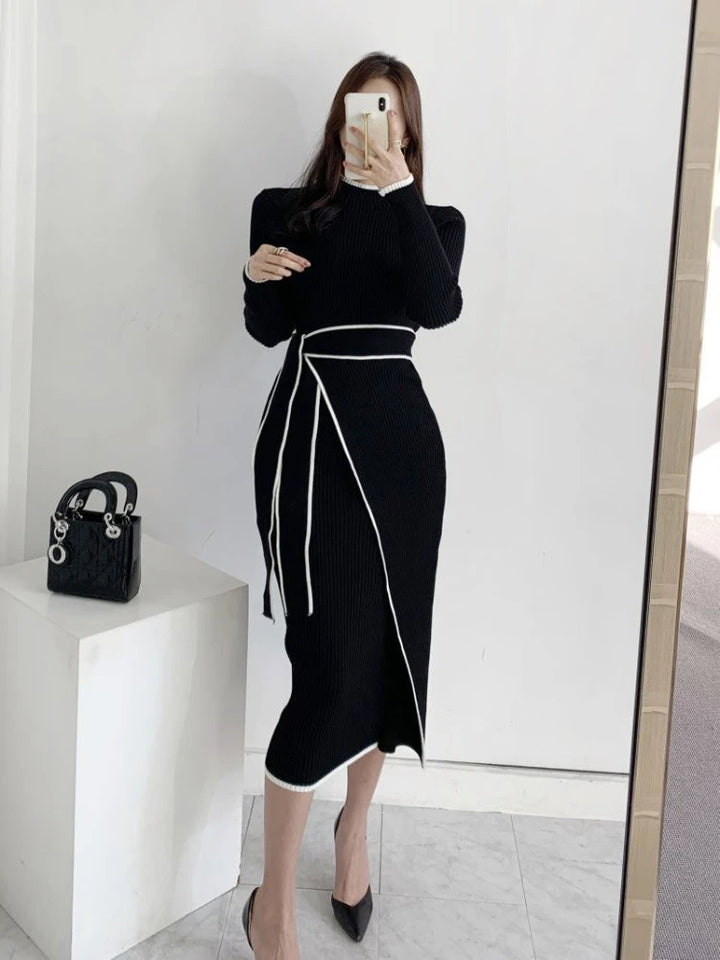 Korean Fashion Turtleneck Maxi Dress - Colorblock Crochet Knit Bodycon