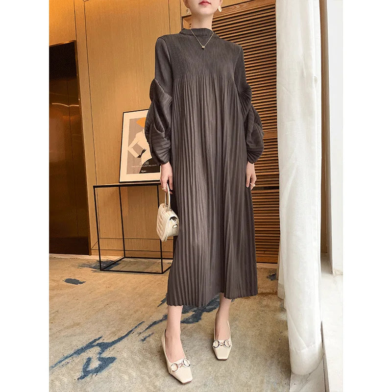 2023 Women's Miyake Pleated Dress | Puffy Sleeve | Knee Length | Loose Fit