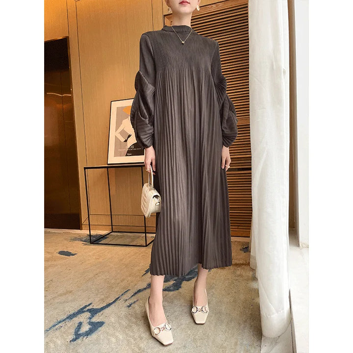 2023 Women's Miyake Pleated Dress | Puffy Sleeve | Knee Length | Loose Fit