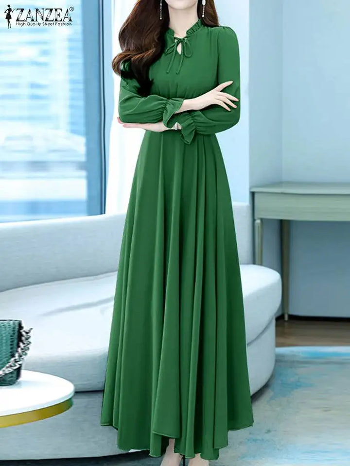 ZANZEA Women's A-Line Long Dress with Ruffles and Hollow Out Neck - Autumn 2024 Collection