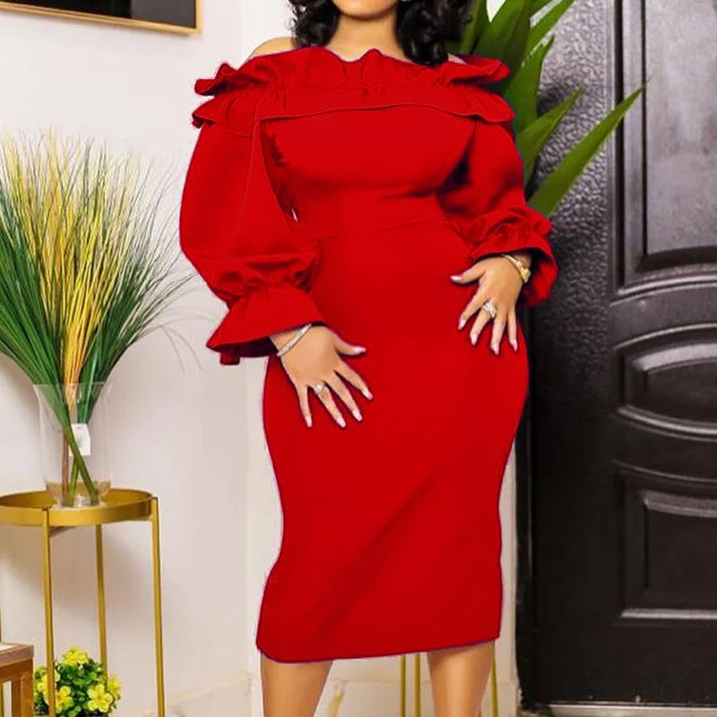 Autumn Off Shoulder Sexy One Word Collar Plus Size Hip Package Dress Ruffles Patchwork Puff Long Sleeve Solid Vestidos De Fiesta