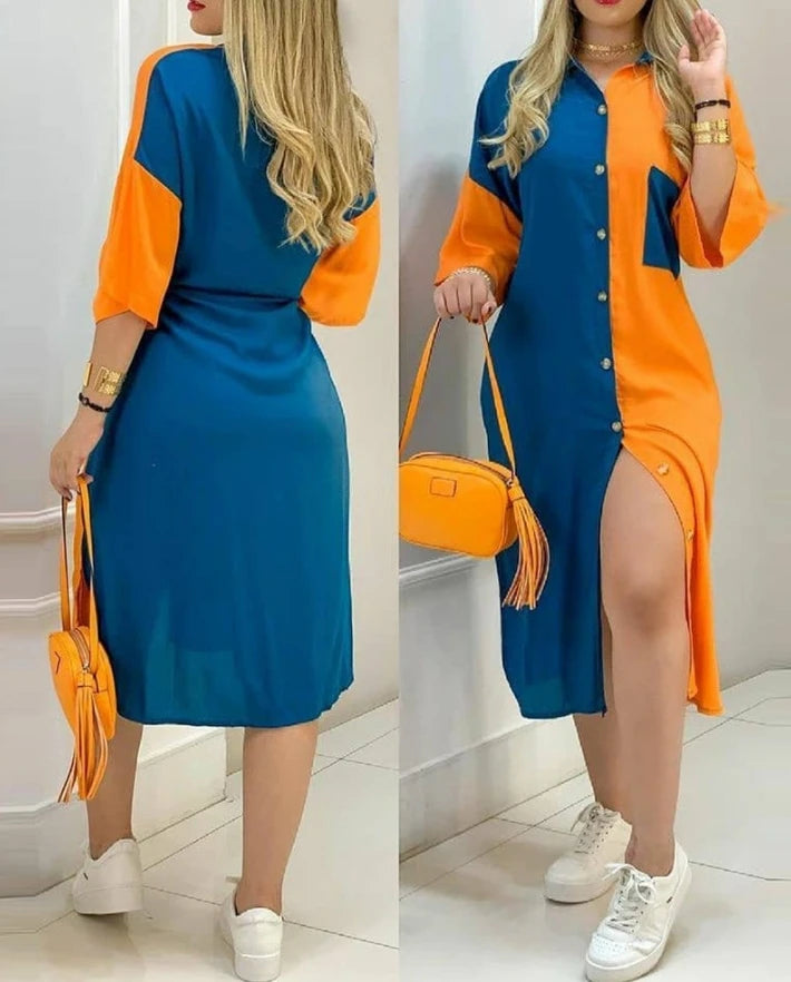 2024 Spring Fashion Women's Colorblock Shirt Dress - Casual & Chic!