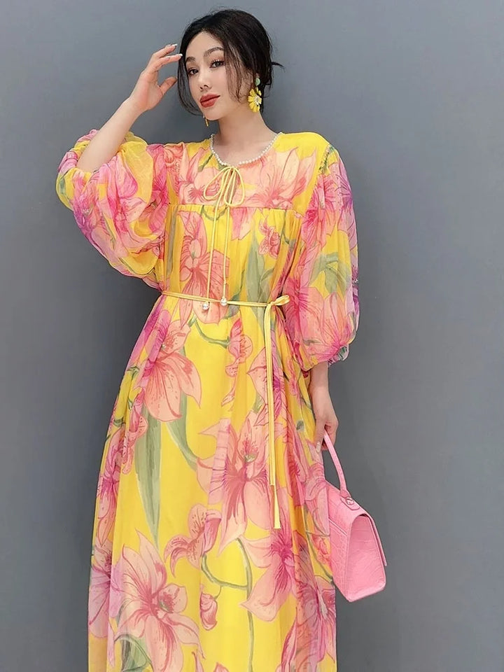 2024 Summer Chiffon Floral Dress - Elegant and Colorful Print - One Size Fits All