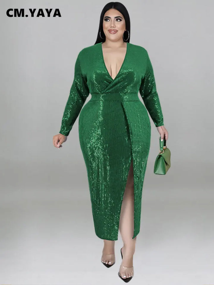 CM.YAYA Plus Size Sequined Women Wrap V-neck Long Sleeve High Side Slit Maxi Long Sexy Party Club Even Bodycon Midi Dress