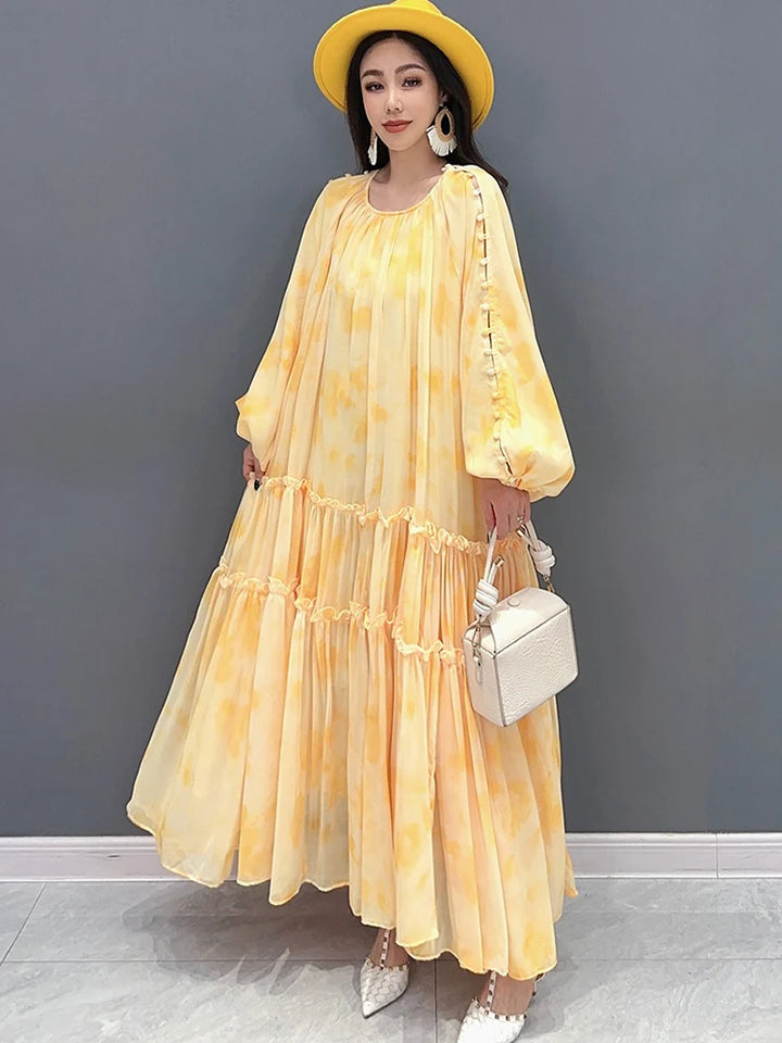 Elegant Chiffon Printed Dress - Spring/Summer 2024 Collection - Loose Fit - Long Sleeve - SHENGPALAE